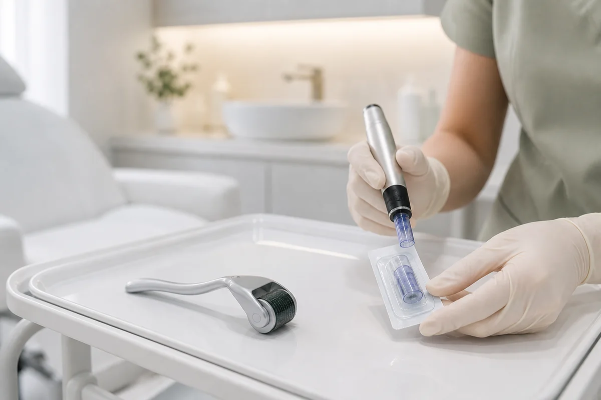 professional microneedling pen compared with an at-home dermaroller
